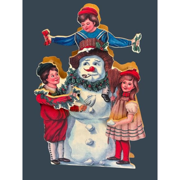 Vintage Wood Animated Musical Christmas Decoration With Snowman & Children - Picture 2 of 9